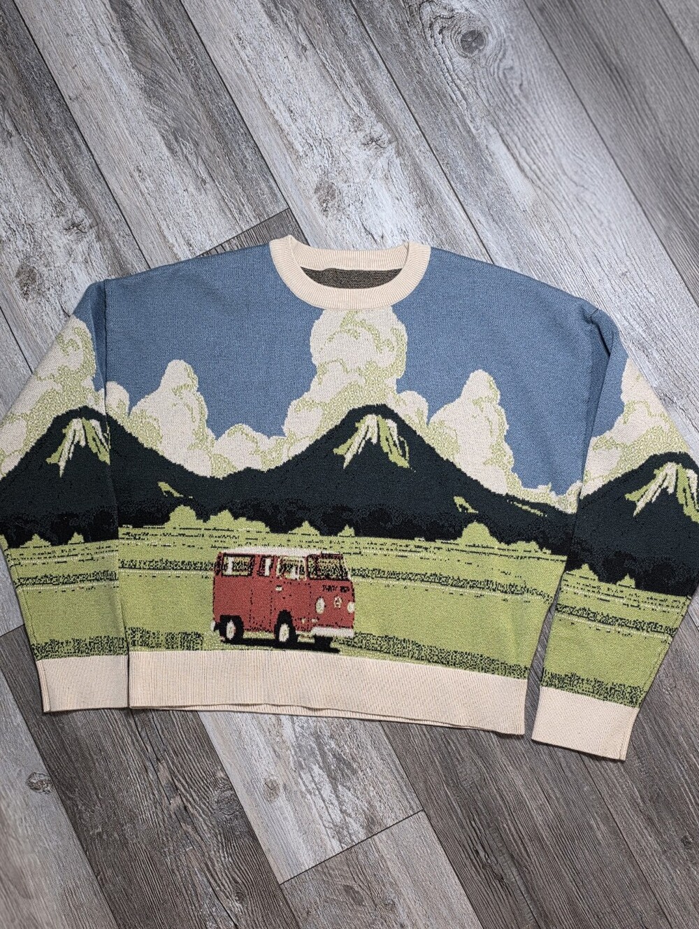 Cider Women's Jacquard Graphic Knit Scenic Mountains VW Bus Sweater Sz Md